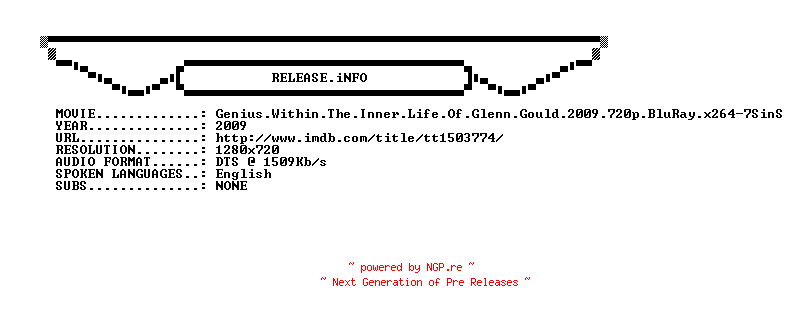 NFO for the release Genius.Within.The.Inner.Life.Of.Glenn.Gould.2009.720p.BluRay.x264-7SinS by 7SinS