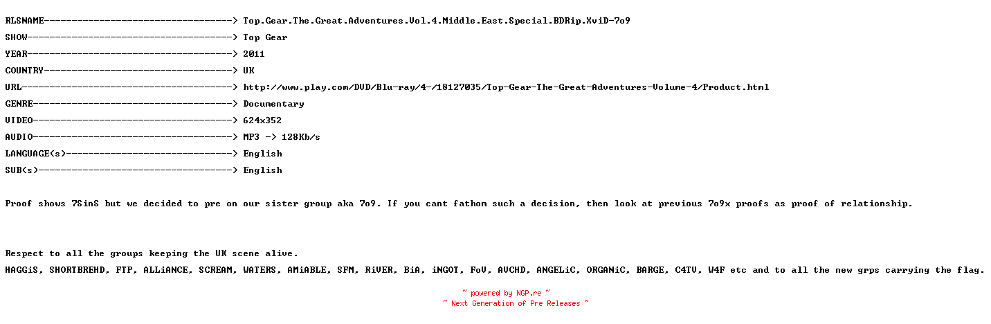 NFO for the release Top.Gear.The.Great.Adventures.Vol.4.Middle.East.Special.BDRip.XviD-7o9 by 7o9