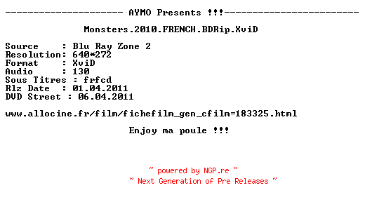 NFO for the release Monsters.2010.FRENCH.BDRip.XviD-AYMO by AYMO