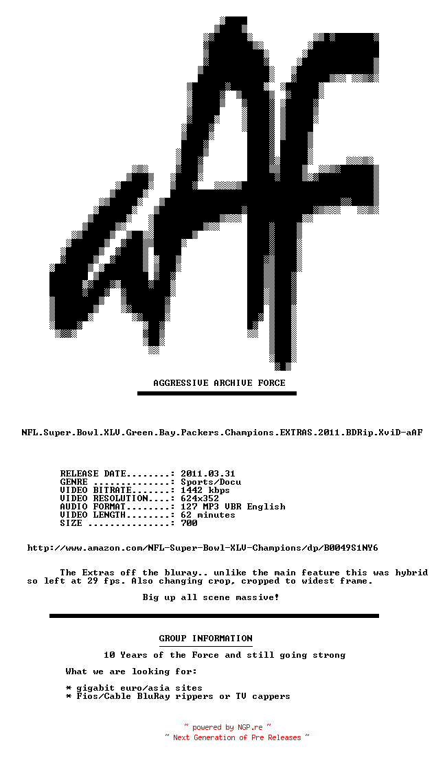 NFO for the release NFL.Super.Bowl.XLV.Green.Bay.Packers.Champions.EXTRAS.2011.BDRip.XviD-aAF by aAF