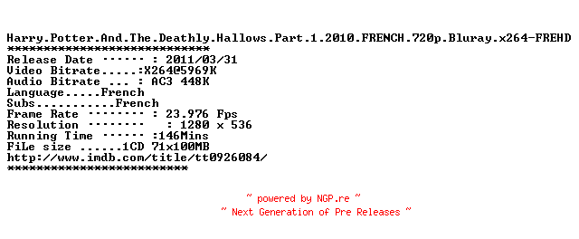 NFO for the release Harry.Potter.And.The.Deathly.Hallows.Part.1.2010.FRENCH.720p.Bluray.x264-FREHD by FREHD