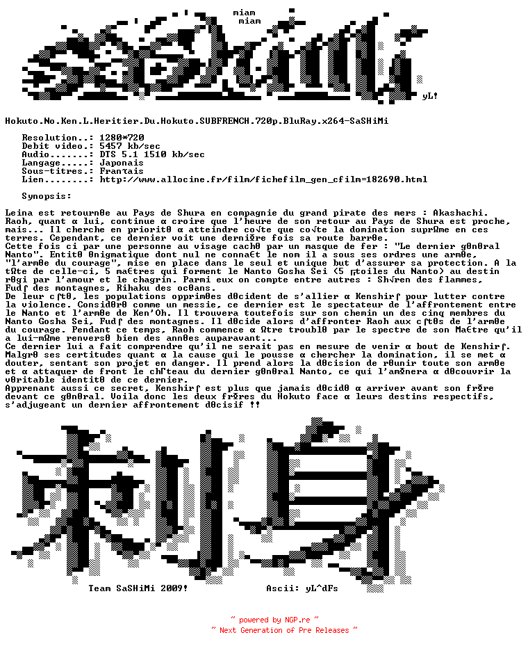 NFO for the release Hokuto.No.Ken.L.Heritier.Du.Hokuto.SUBFRENCH.720p.BluRay.x264-SaSHiMi by SaSHiMi