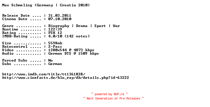 NFO for the release Max.Schmeling.German.720p.BluRay.x264-EXQUiSiTE by EXQUiSiTE