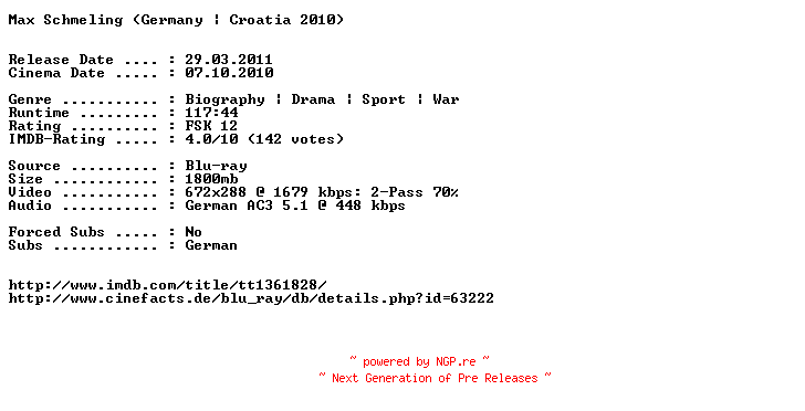 NFO for the release Max.Schmeling.German.AC3.BDRip.XviD-EXQUiSiTE by EXQUiSiTE