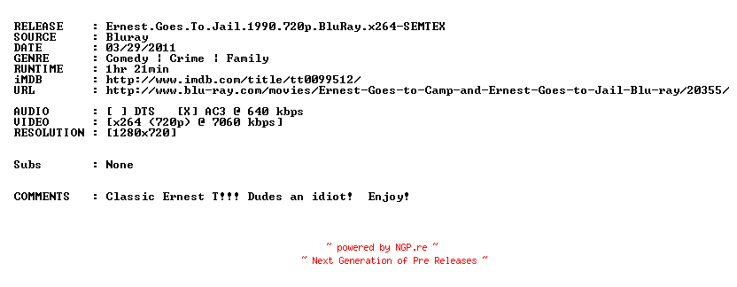 NFO for the release Ernest.Goes.To.Jail.1990.720p.BluRay.x264-SEMTEX by SEMTEX