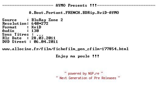 NFO for the release A.Bout.Portant.FRENCH.BDRip.XviD-AYMO by AYMO