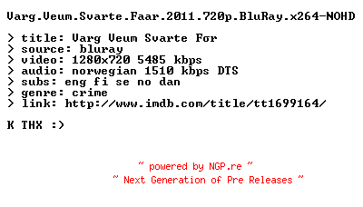 NFO for the release Varg.Veum.Svarte.Faar.2011.720p.BluRay.x264-NOHD by NOHD