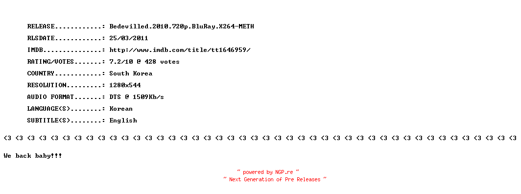 NFO for the release Bedevilled.2010.720p.BluRay.X264-METH by METH