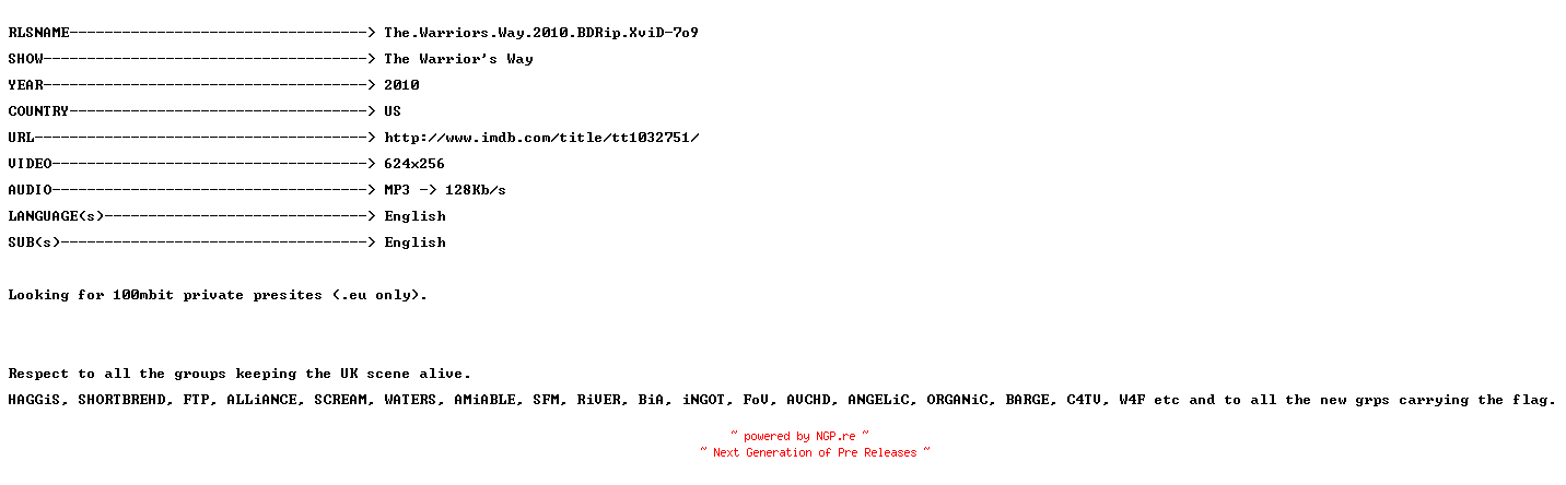 NFO for the release The.Warriors.Way.2010.BDRip.XviD-7o9 by 7o9