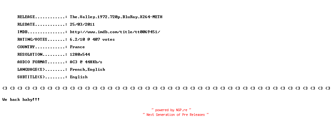 NFO for the release The.Valley.1972.720p.BluRay.X264-METH by METH