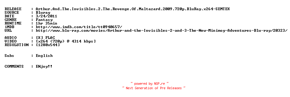 NFO for the release Arthur.And.The.Invisibles.2.The.Revenge.Of.Maltazard.2009.720p.BluRay.x264-SEMTEX by SEMTEX