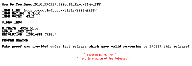 NFO for the release How.Do.You.Know.2010.PROPER.720p.BluRay.X264-iSPY by iSPY