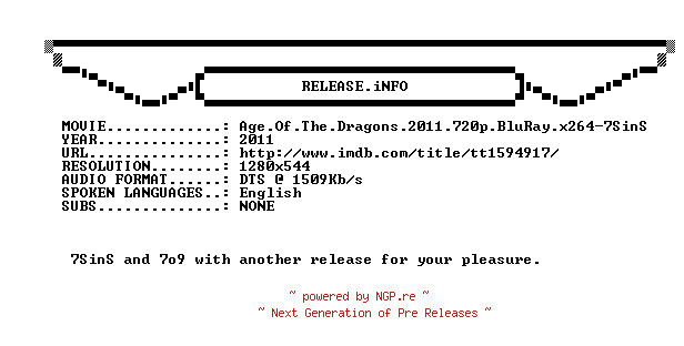 NFO for the release Age.Of.The.Dragons.2011.720p.BluRay.x264-7SinS by 7SinS