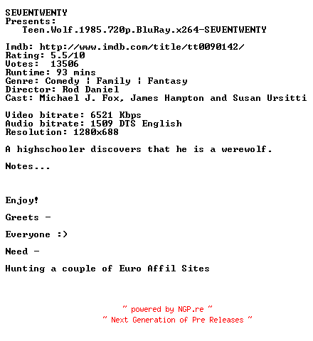 NFO for the release Teen.Wolf.1985.720p.BluRay.x264-SEVENTWENTY by SEVENTWENTY
