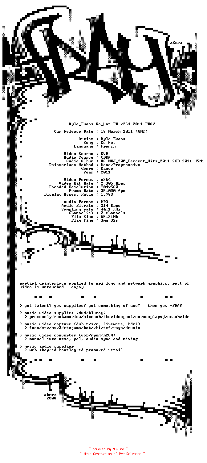 NFO for the release Kyle_Evans-So_Hot-FR-x264-2011-FRAY by FRAY