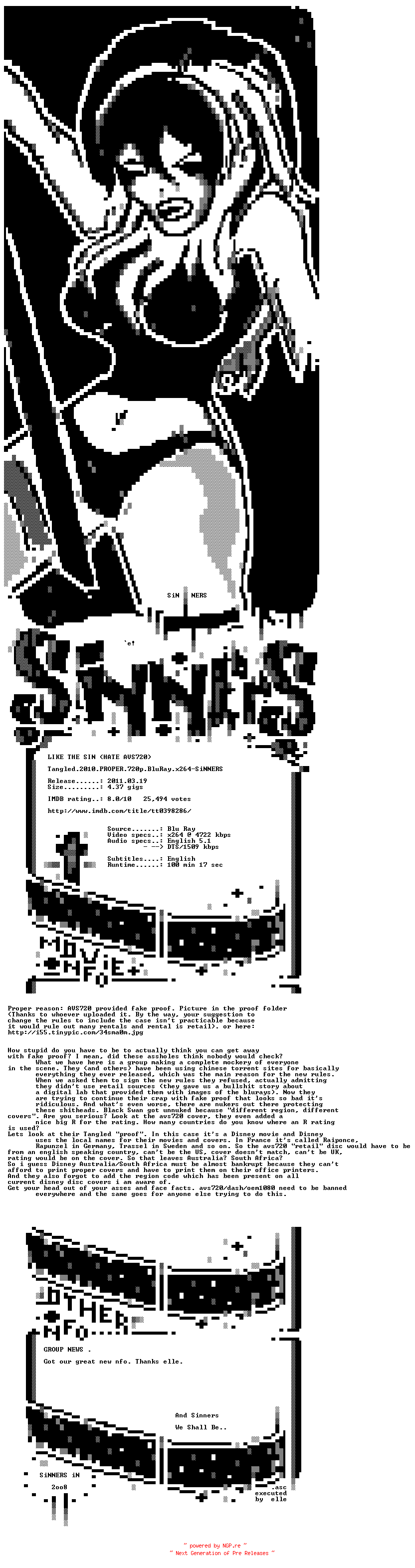 NFO for the release Tangled.2010.PROPER.720p.BluRay.x264-SiNNERS by SiNNERS