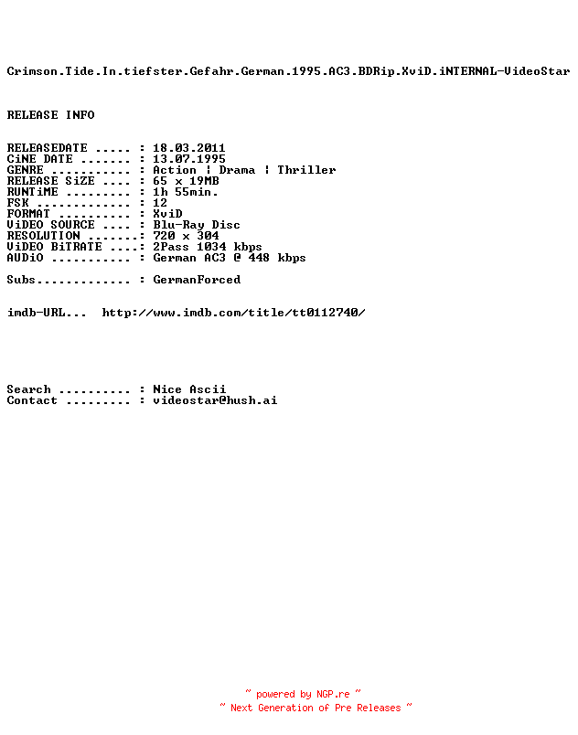 NFO for the release Crimson.Tide.In.tiefster.Gefahr.German.1995.AC3.BDRip.XviD.iNTERNAL-VideoStar by VideoStar