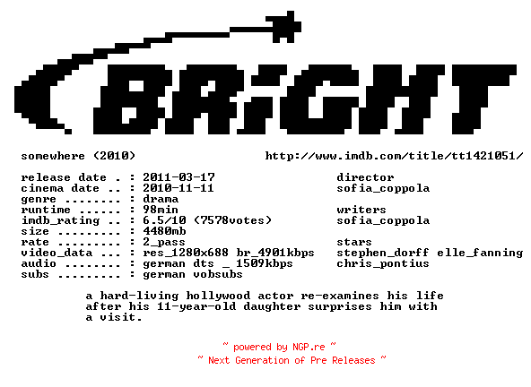 NFO for the release Somewhere.German.720p.BluRay.x264-BRiGHT by BRiGHT