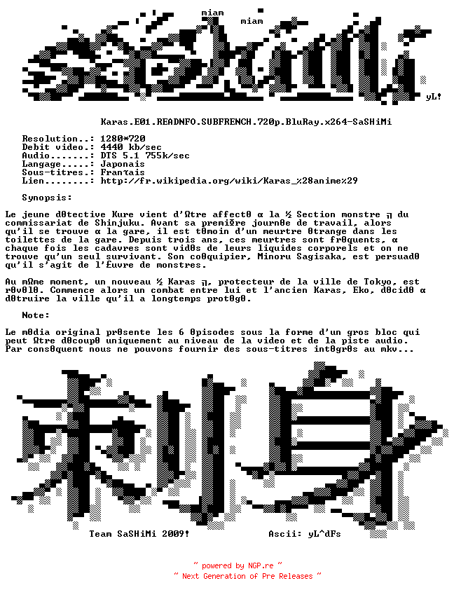 NFO for the release Karas.E01.READNFO.SUBFRENCH.720p.BluRay.x264-SaSHiMi by SaSHiMi