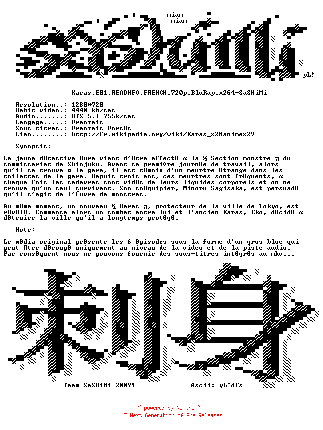 NFO for the release Karas.E01.READNFO.FRENCH.720p.BluRay.x264-SaSHiMi by SaSHiMi