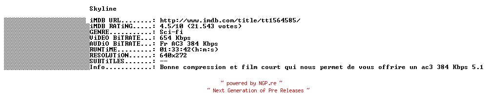 NFO for the release Skyline.2010.FRENCH.BDRiP.XViD-THENiGHTMARE by THENiGHTMARE