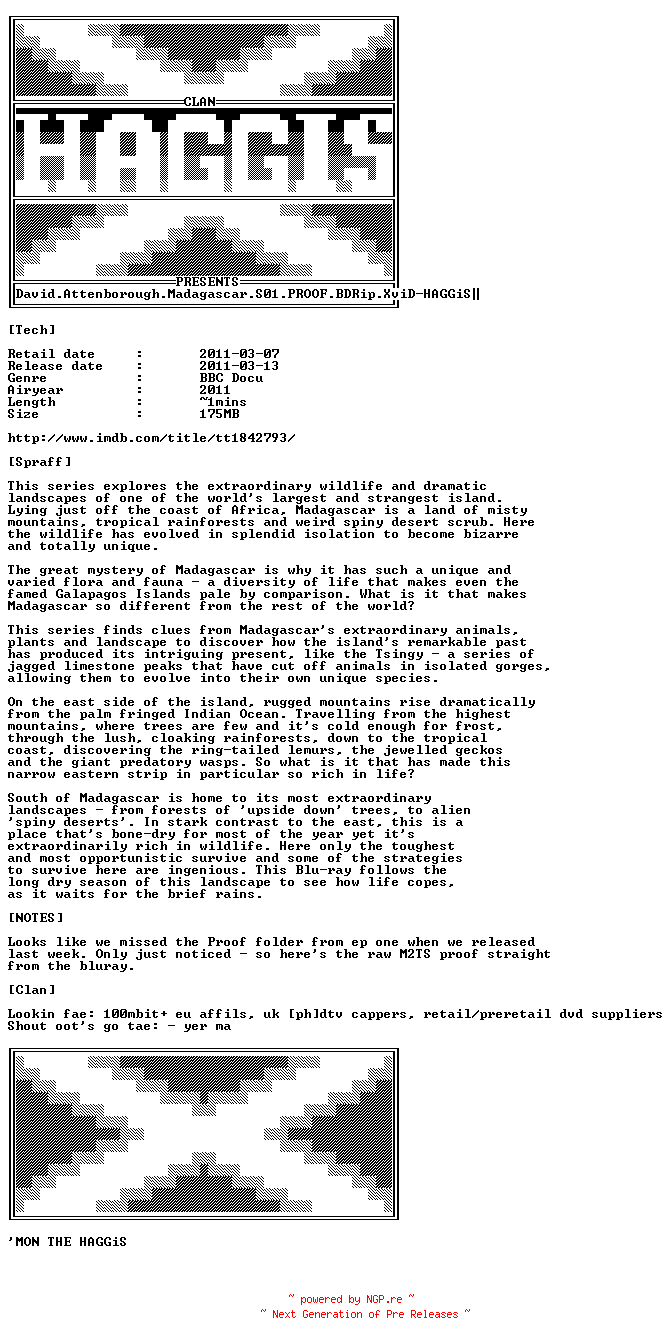 NFO for the release David.Attenborough.Madagascar.S01.PROOF.BDRip.XviD-HAGGiS by HAGGiS