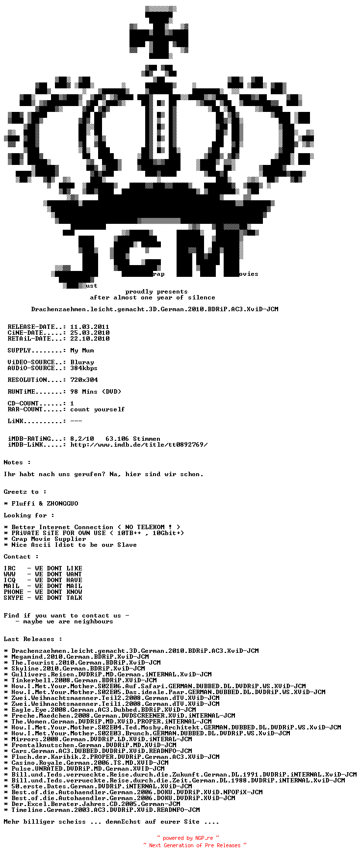NFO for the release Drachenzaehmen.leicht.gemacht.3D.German.2010.BDRiP.AC3.XviD-JCM by JCM