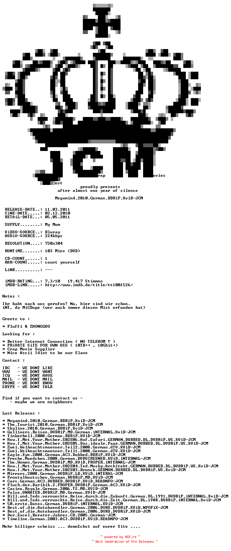 NFO for the release Megamind.2010.German.BDRiP.XviD-JCM by JCM