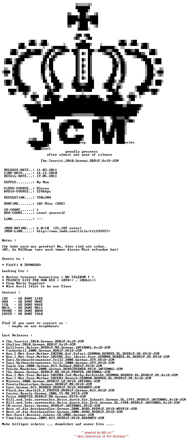 NFO for the release The.Tourist.2010.German.BDRiP.XviD-JCM by JCM