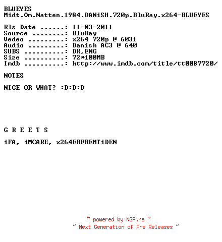 NFO for the release Midt.Om.Natten.1984.DANiSH.720p.BluRay.x264-BLUEYES by BLUEYES
