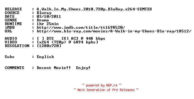NFO for the release A.Walk.In.My.Shoes.2010.720p.BluRay.x264-SEMTEX by SEMTEX