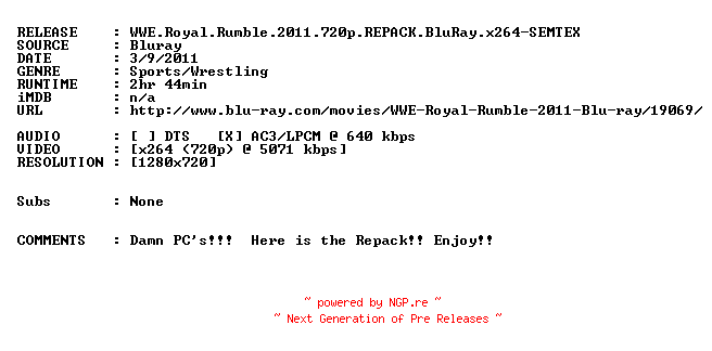 NFO for the release WWE.Royal.Rumble.2011.720p.REPACK.BluRay.x264-SEMTEX by SEMTEX