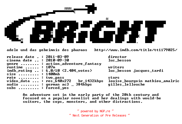 NFO for the release Adele.und.das.Geheimnis.des.Pharaos.German.AC3.BDRip.XviD-BRiGHT by BRiGHT