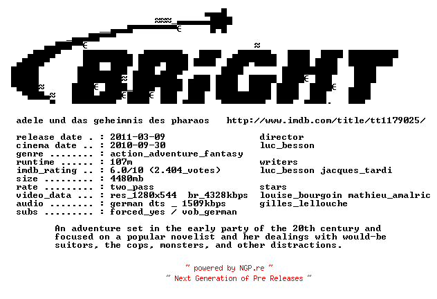 NFO for the release Adele.und.das.Geheimnis.des.Pharaos.German.720p.BluRay.x264-BRiGHT by BRiGHT
