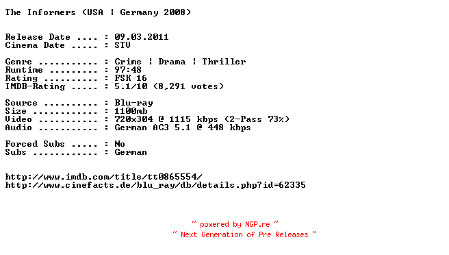 NFO for the release The.Informers.German.2008.AC3.BDRip.XviD-EXQUiSiTE by EXQUiSiTE