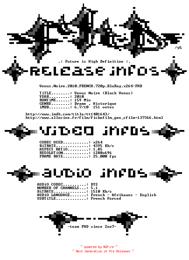 NFO for the release Venus.Noire.2010.FRENCH.720p.BluRay.x264-FHD by FHD