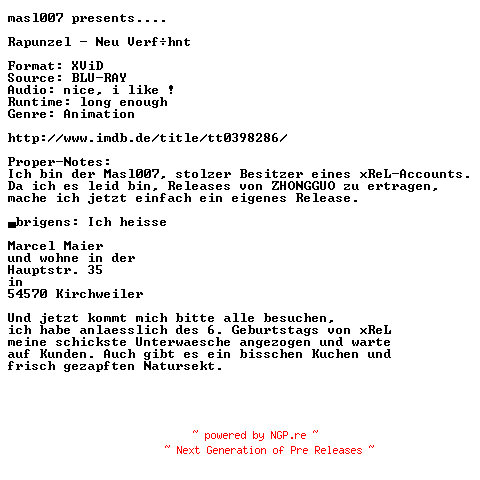 NFO for the release Rapunzel.Neu.verfoehnt.BDRiP.Line.Dubbed.German.READ.NFO.XviD-MASL007 by MASL007