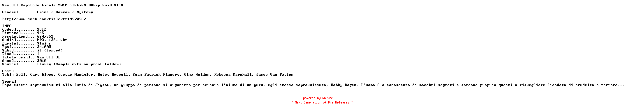 NFO for the release Saw.VII.Capitolo.Finale.2010.iTALiAN.BDRip.XviD-STiX by STiX