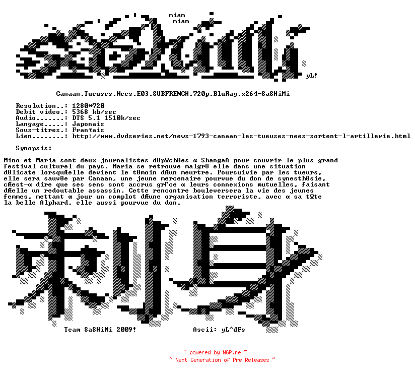 NFO for the release Canaan.Tueuses.Nees.E03.SUBFRENCH.720p.BluRay.x264-SaSHiMi by SaSHiMi