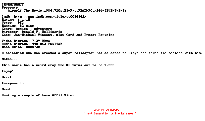 NFO for the release Airwolf.The.Movie.1984.720p.BluRay.READNFO.x264-SEVENTWENTY by SEVENTWENTY