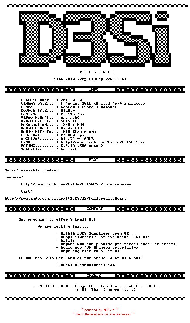 NFO for the release Aisha.2010.720p.BluRay.x264-D3Si by D3Si