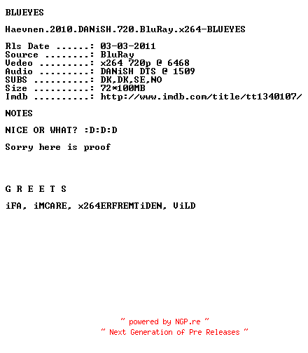NFO for the release Haevnen.2010.DANiSH.PROOF.720.BluRay.x264-BLUEYES by BLUEYES