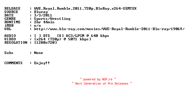 NFO for the release WWE.Royal.Rumble.2011.720p.BluRay.x264-SEMTEX by SEMTEX
