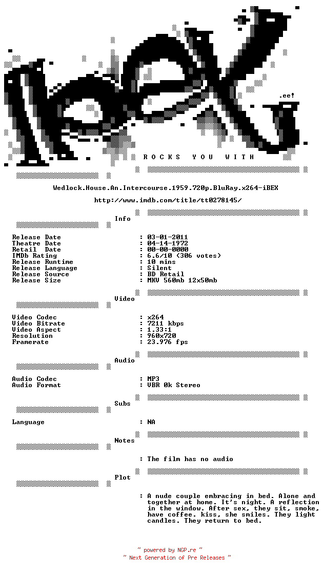 NFO for the release Wedlock.House.An.Intercourse.1959.720p.BluRay.x264-iBEX by iBEX