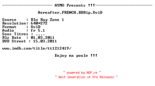 NFO for the release Hereafter.FRENCH.BDRip.XviD-AYMO by AYMO