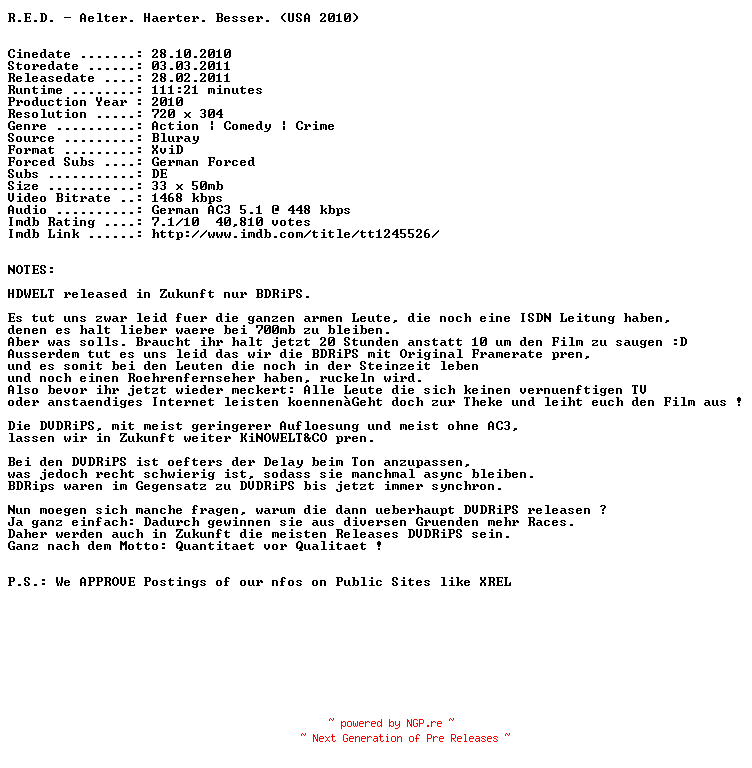 NFO for the release R.E.D.Aelter.haerter.besser.GERMAN.AC3.READ.NFO.BDRip.XviD-HDWELT by HDWELT