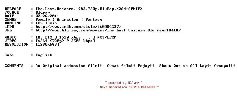 NFO for the release The.Last.Unicorn.1982.720p.BluRay.X264-SEMTEX by SEMTEX