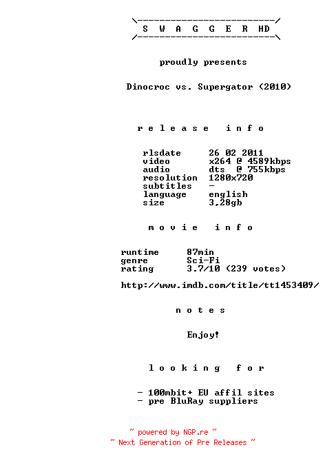 NFO for the release Dinocroc.vs.Supergator.2010.720p.BluRay.x264-SWAGGERHD by SWAGGERHD