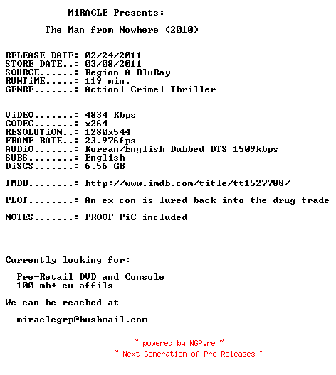 NFO for the release The.Man.From.Nowhere.720p.BluRay.x264-MiRACLE by MiRACLE