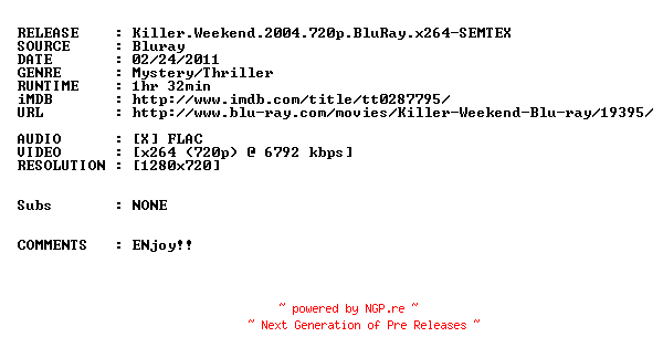 NFO for the release Killer.Weekend.2004.720p.BluRay.x264-SEMTEX by SEMTEX